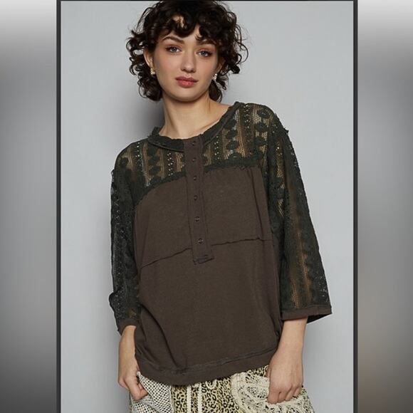 POL green crochet knit boho floral top Women's size small oversized - Picture 1 of 6